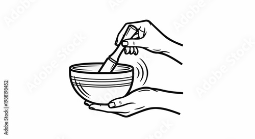 Hands mixing ingredients in a bowl using a pestle