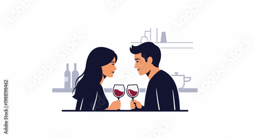 Couple enjoys romantic wine toast in a dimly lit, minimalist setting