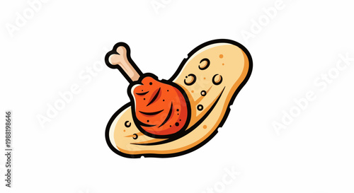 Cartoon of a fried chicken leg on a flatbread with air bubbles