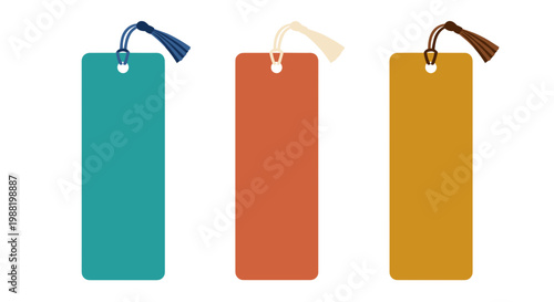 Vibrant painted bookmarks in teal, terracotta, and mustard with tassels on white background, showcasing artistic flair and colorful design