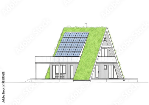 Eco-friendly house with green roof and solar panels, modern architectural design