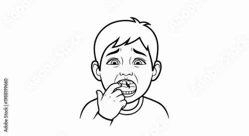 A child looks distressed while poking a broken tooth with a finger