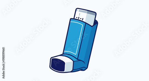 A cartoon-style blue inhaler with a white and navy blue mouthpiece and a dose counter