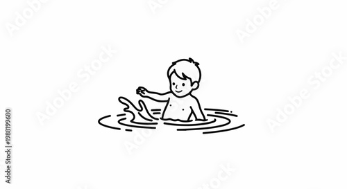 A child splashing joyfully in the water, depicted in a simple line drawing