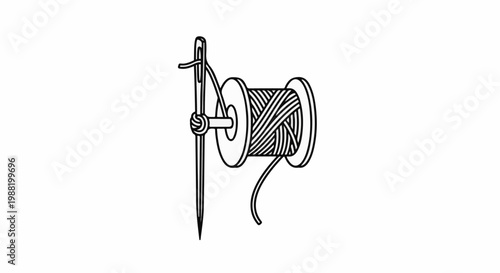 Stylized line art of a needle and thread on a spool, ready for sewing