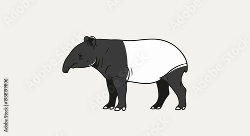 Stylized illustration of a tapir with black and white markings against a light background