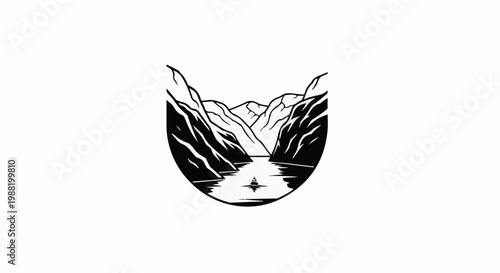 A stylized graphic depicting a boat sailing on a river through steep, mountainous terrain