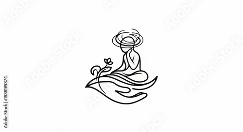 Stylized linear depiction of person meditating on a hand with a flower
