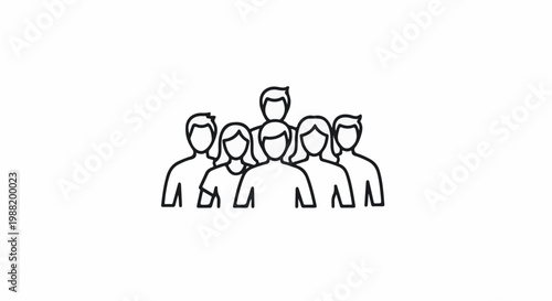 A group of seven people are depicted in a minimalist outline style