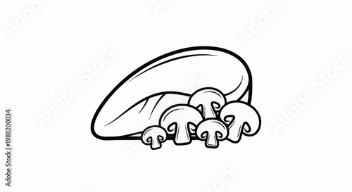 Stylized line drawing of a large mushroom cap with several smaller mushrooms