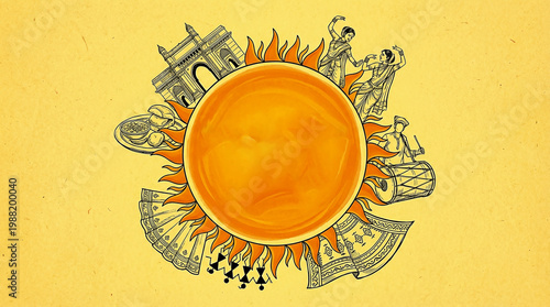 Artistic tribute to Maharashtra featuring the Gateway of India, Lavani dancers, Warli art, Dhol Tasha, and Misal Pav surrounding a glowing saffron sun. A beautiful blend of Marathi culture.