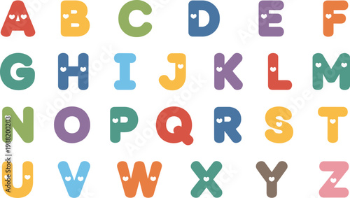 Colorful alphabet letters a to z with small white hearts on a white background