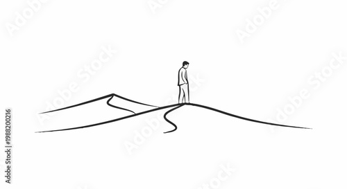 A lone figure stands on a desolate, abstract landscape of rolling hills