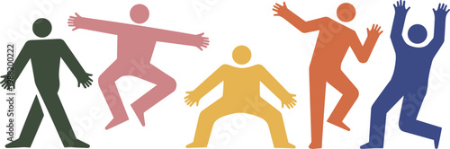 Five abstract figures in various poses and muted colors on white background
