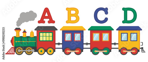 Colorful cartoon train with letters a b c d on a white background