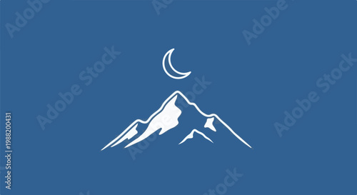 White stylized mountain peak and crescent moon against blue sky
