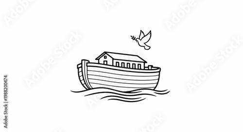 A stylized drawing of a ship with a bird carrying a branch over water