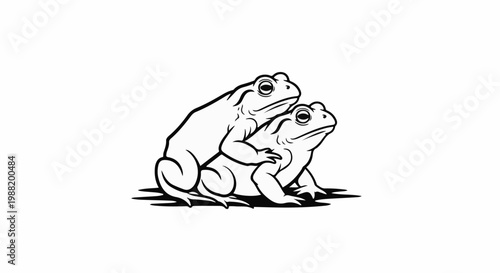 Two stylized frogs in a mating pose, black outline on white
