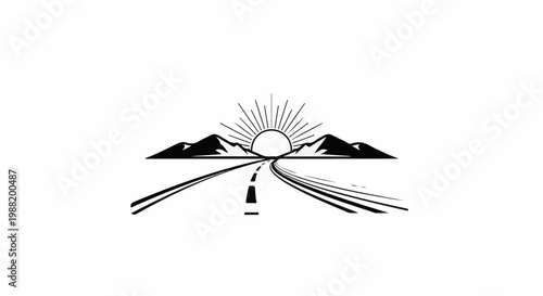 A road leads towards mountains and a sunburst