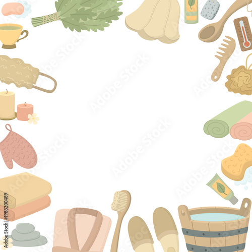Banner with sauna and spa accessories. Frame of wooden bucket, soap, towels, broom of leaves, shampoo, washcloth
