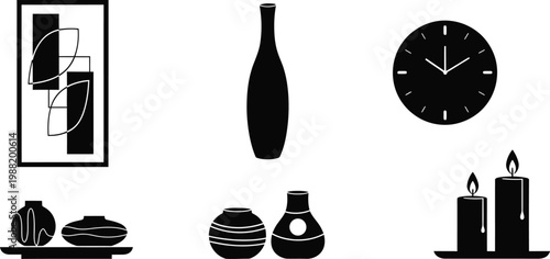 Black silhouette collection vases clock candles and abstract art isolated on transparent background