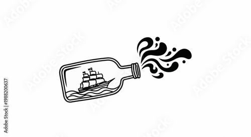 A sailboat at sea emerges from a bottle with swirling water