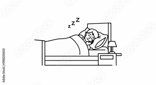 A person sleeps peacefully in a bed with a bedside lamp and nightstand