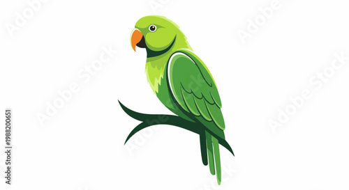 A green parrot perched on a branch, detailed cartoon style
