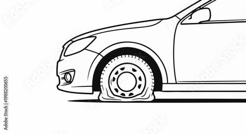 A black and white line drawing of a car with a flat tire