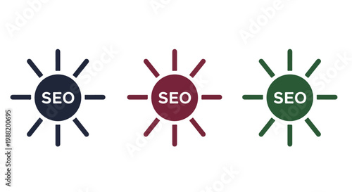 Three colorful SEO icons representing search engine optimization strategies in different colors on a white background