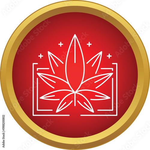 Cannabis leaf outlined inside a square with plus signs on a red and gold circular button
