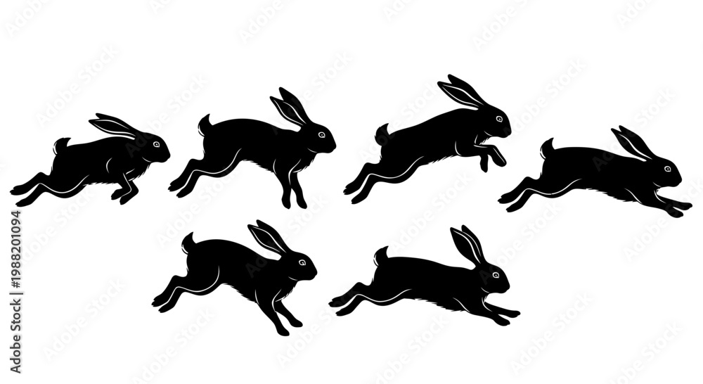 Obraz premium Dynamic Black Rabbit Silhouettes Captured In Mid-Leap