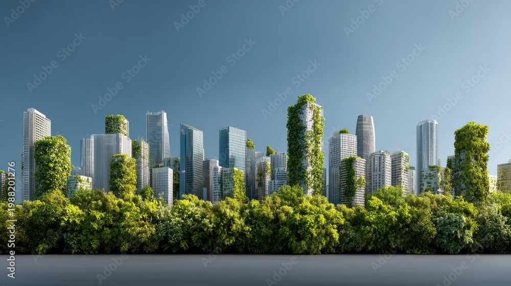 Obraz premium Urban skyline with green trees and plants, showcasing a harmonious blend of nature and modern architecture in a vibrant cityscape