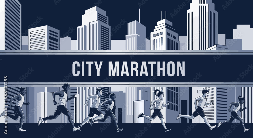 Naklejka premium Dynamic City Marathon Runners Silhouette Against Urban Skyline