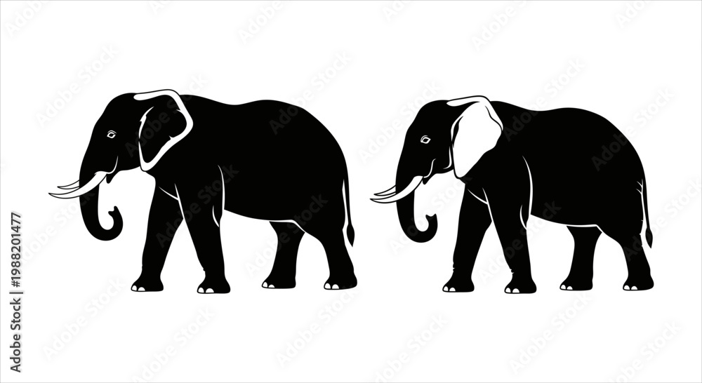Fototapeta premium Two black elephants side by side in a simple illustration style