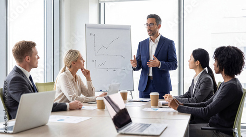 Photography Businessman presenting financial data with a graph on a flipchart to diverse team in modern office, photograph