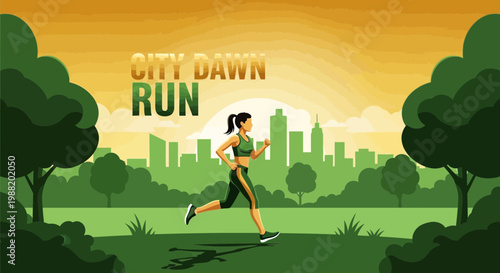 Urban Dawn Run: Fitness Illustration Depicting Running in a City Park Environment