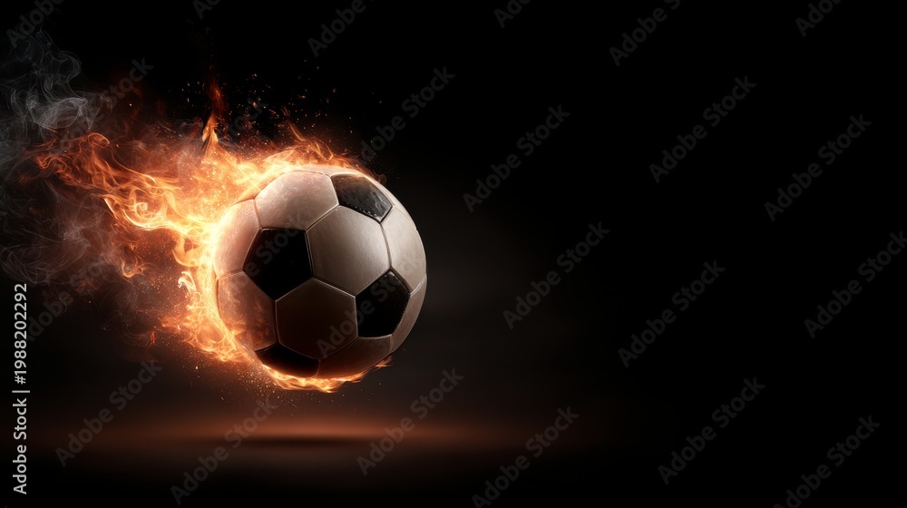 Fototapeta premium soccer ball in fire flames on black background
