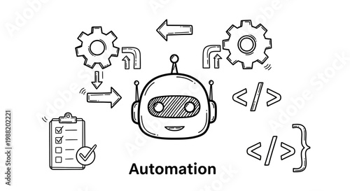 Robot head with coding symbols around.