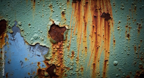 Close-up of Rusted Metal Surface with Peeling Teal Paint.