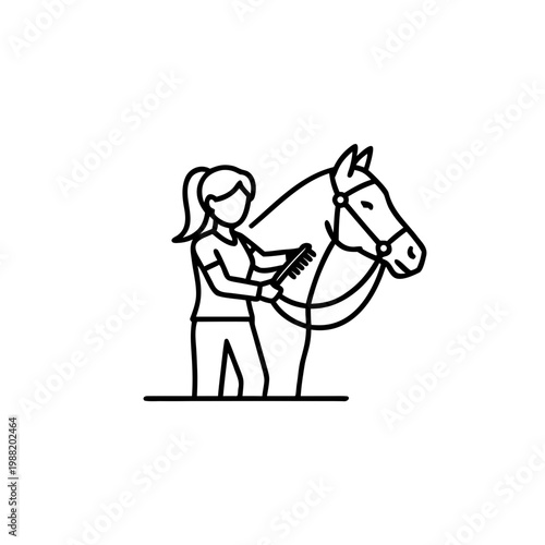 Young woman grooming horse with brush in minimalist line art  