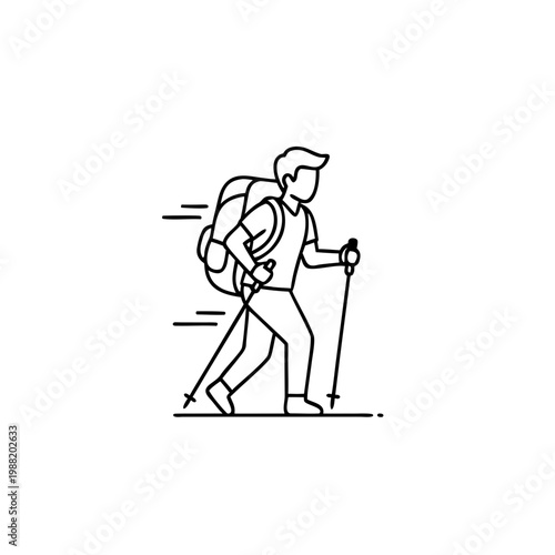 Young man hiking with daypack and poles in minimalist line art  