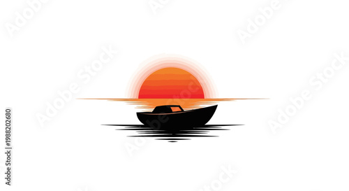 a small boat on calm water at sunset.