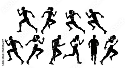 Dynamic Silhouette Collection Of Athletes In Mid-Stride Motion