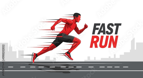 Dynamic Illustration of Runner in Motion with Fast Run Text, Urban Backdrop Included