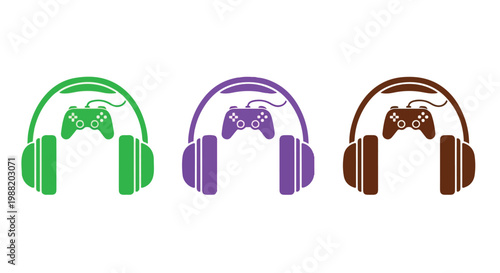 Colorful illustrations of gaming headsets in green purple and brown with a modern design for gaming and entertainment