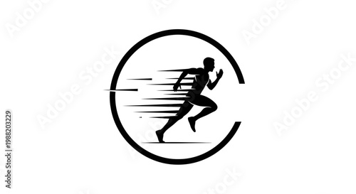 Dynamic Silhouette Of A Running Athlete Within A Circular Emblem Graphic Symbol