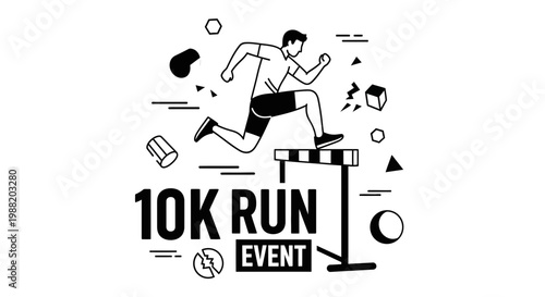 Energetic 10K Run Event Promotion Graphic With Runner Jumping Over A Hurdle