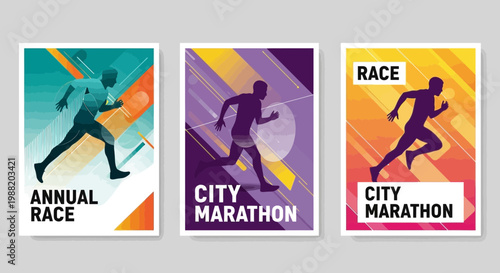 Dynamic Marathon Event Posters Featuring Silhouetted Runners And Abstract Backgrounds