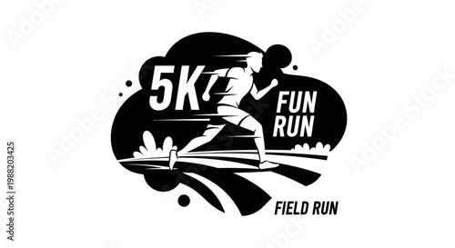 Energetic 5K Fun Run Emblem Depicts Dynamic Field Race Silhouette in Striking Black And White
